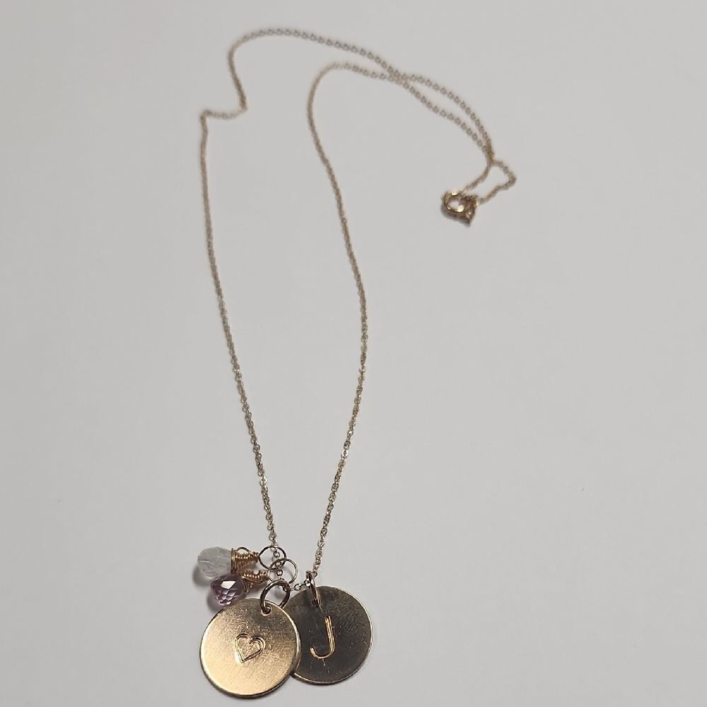 Nashelle Double Classic Coin Necklace With 2 Gems J Initial And Heart 14K GF